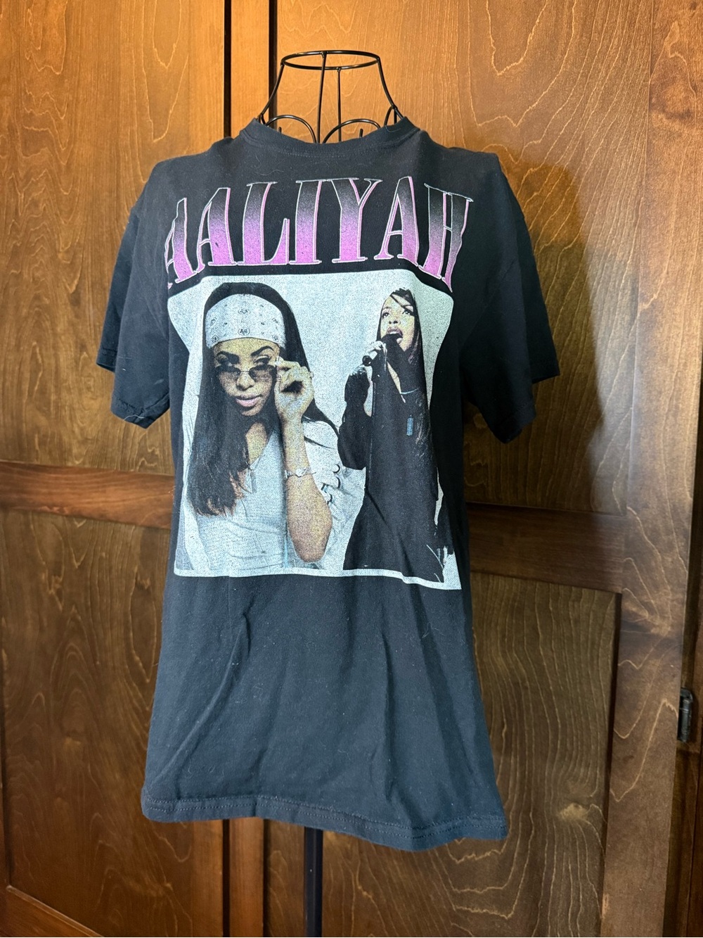 Black Graphic Aaliyah Short-Sleeve Tee with Pink Lettering
